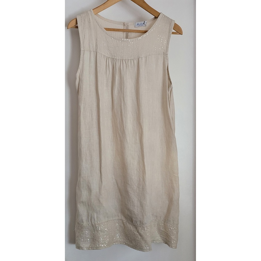 Blu‎ Orchid Made in Italy Women Mini Shift Dress Size M Beige Linen Sequins